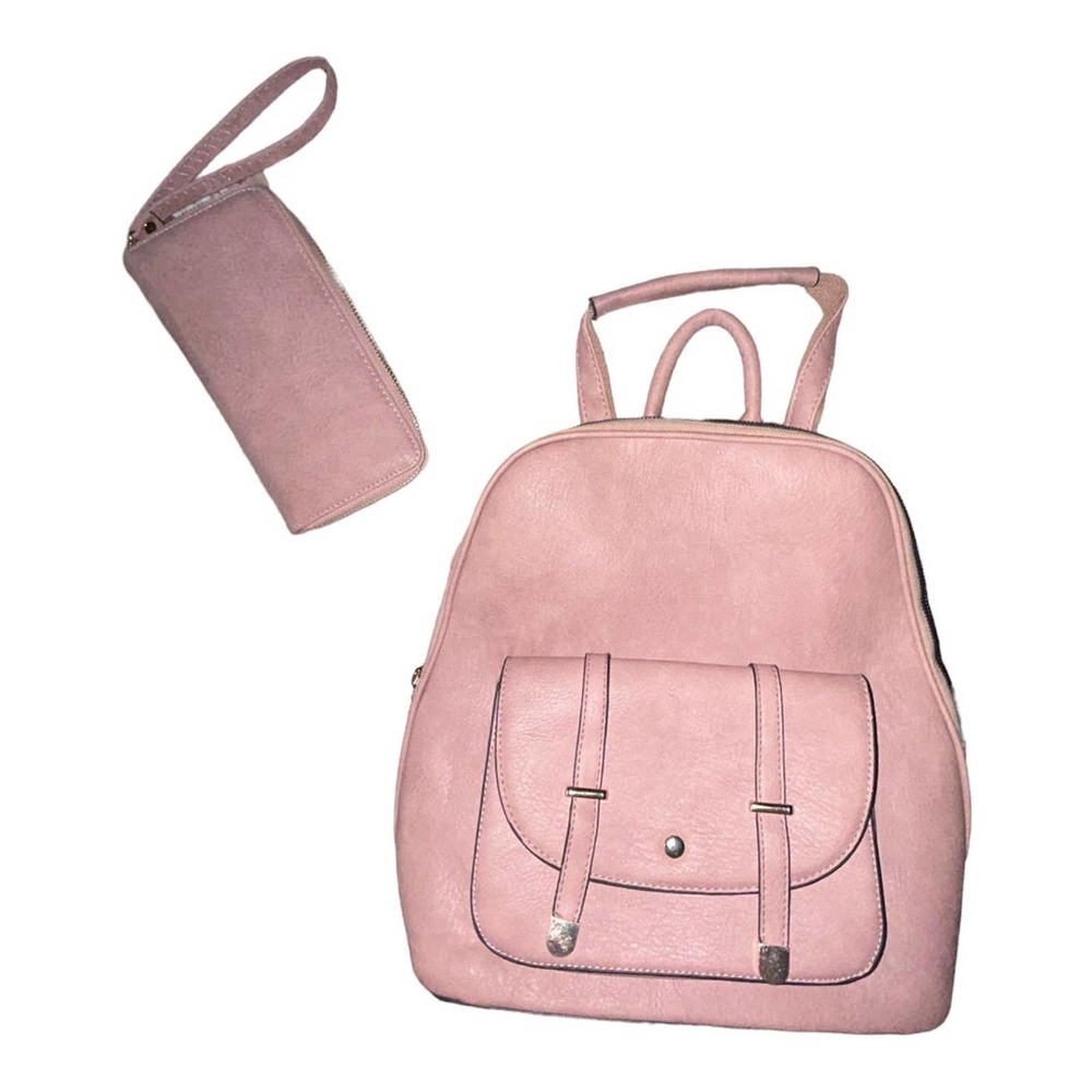 Faux Leather Backpack w/ Matching Wallet Faux Leather Dusty Rose Pink